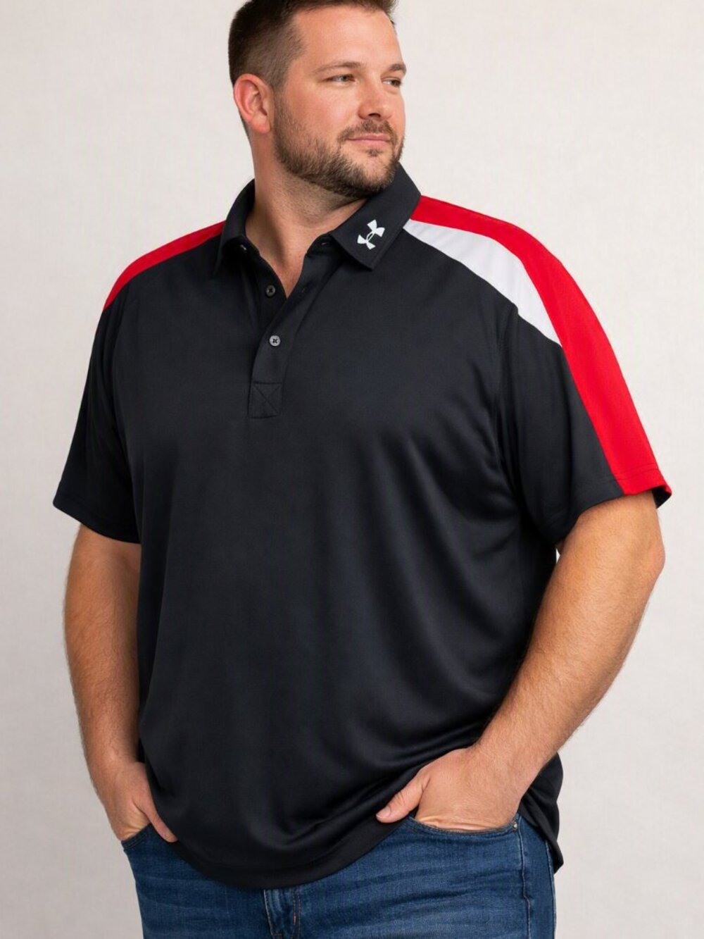 Under Armour Men’s Black Polo with Red and White Shoulder Panels